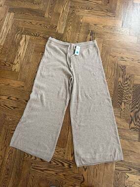 Ralph Lauren Beige Heather Cashmere Ribbed Wide-Leg Sweater Pants XXL NEW